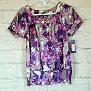 APT 9 White Purple Floral Short Sleeve Blouse Top